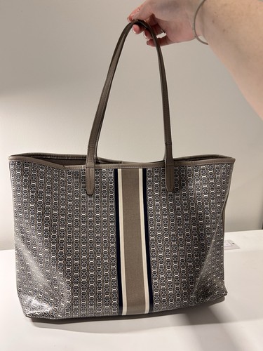 TORY BURCH Gemini Link Stripe Logo Tote PVC Shoulder Bag Large Beige Navy White - Picture 5 of 19