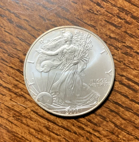 2001 US Mint American Eagle Silver Dollar $1, Uncirculated With Mild edge Toning