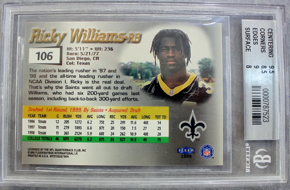 Tarjeta Fleer Mystique de Ricky Williams Texas Saints Rookie 1999 #106 BGS 8,5 #/2999 Foto 2 de 2