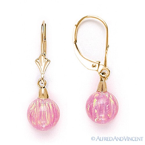 Pink Angel-Skin Fiery Opal Gem Dangling Drop Earrings 14k 14kt Yellow White Gold - Picture 2 of 7