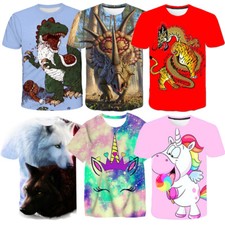 T-Shirt Kids Boys Girls Animals Unicorn Dinosaur Wolf Lion Tiger Cat Dragon Fun