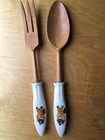 Vintage Salad Serving Set Wooden Fork Spoon Ceramic Handle Carrot Package 70s