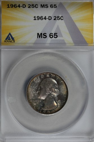 1964-D .25 ANACS MS 65 Washington Quarter, Silver 25 Cents (0.25) - Picture 2 of 2