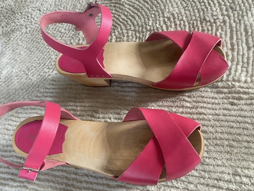 Swedish Hasbeens Mid Wooden Heel Leather Clogs Open Toe Pink Leather Sandals 40 - Picture 8 of 15