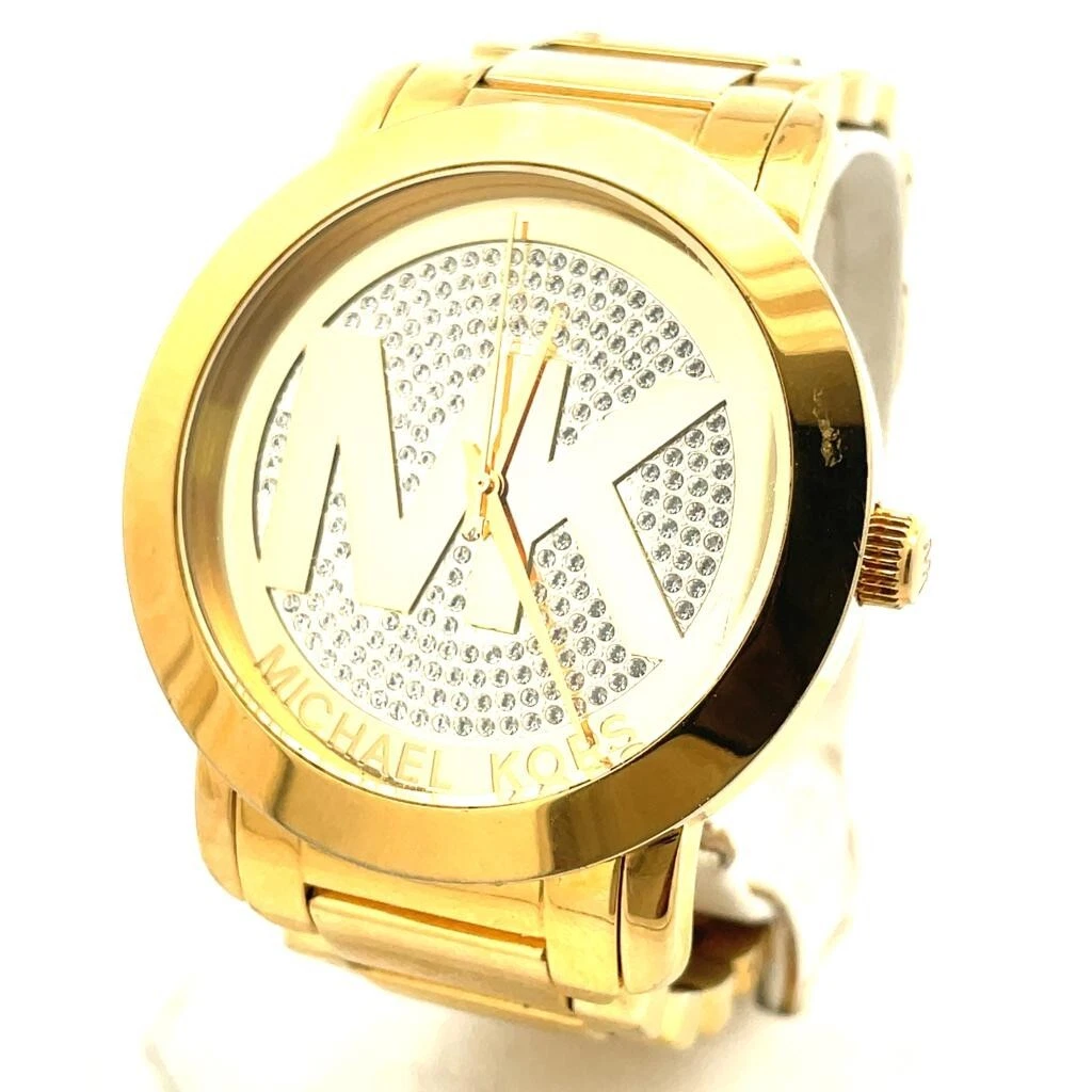 Michael Kors Women's Runway MK Logo Glitz Gold Tone Steel Watch 45mm MK3462