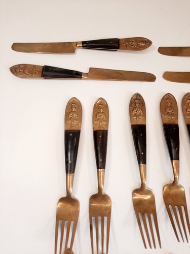 Vtg Siam Brass Wood Flatware Thailand 37 Serving Utensils Knives Forks Spoons - Picture 2 of 12