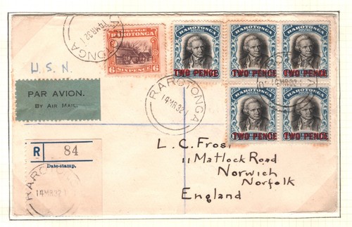 RARATONGA/COOK ISLANDS Cover 2d BLOCK Registered 1932 Norwich via USA MAL70 - Picture 16 of 18