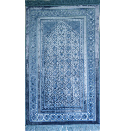 Alfombra de oración de terciopelo islámico turco Sajadah estampilla floral de lujo felpa acero azul - Imagen 5 de 7