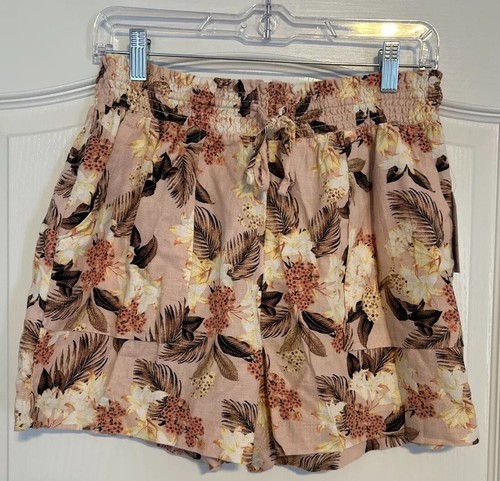 TIME AND TRU Shorts Women’s Size Medium (8-10) Pink Tropical Elastic Waist Linen