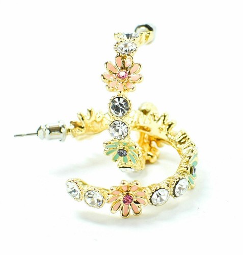 Gold Tone Crystal Cubic Zirconia Diamante Enamel Hoop Earrings Ear Stud Design - Picture 2 of 5