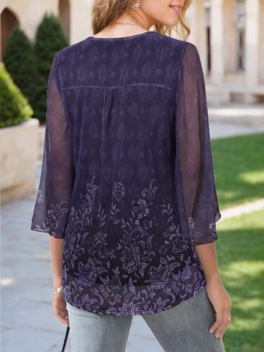 Womens Ruffle 3/4 Sleeve V Neck Double Layers Mesh Blouses Loose Fit Flowy Tops# - Picture 3 of 10