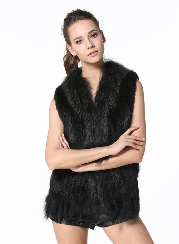Damen Echtpelz Weste Lässig gestrickte Kaninchenfell Gilets Waschbär Pelz Weste - Bild 30 von 68
