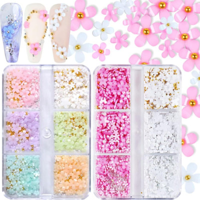 Encantos Uñas Unas Flores 3D 2CAJAS 3D Acrílico Flor Nail Art Rhinestones Blanco