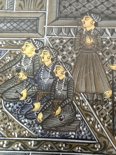 India Persian Mughal Silk Art Painting Palace Courtyard Blue Gold Mughul Mugul - Picture 16 of 22