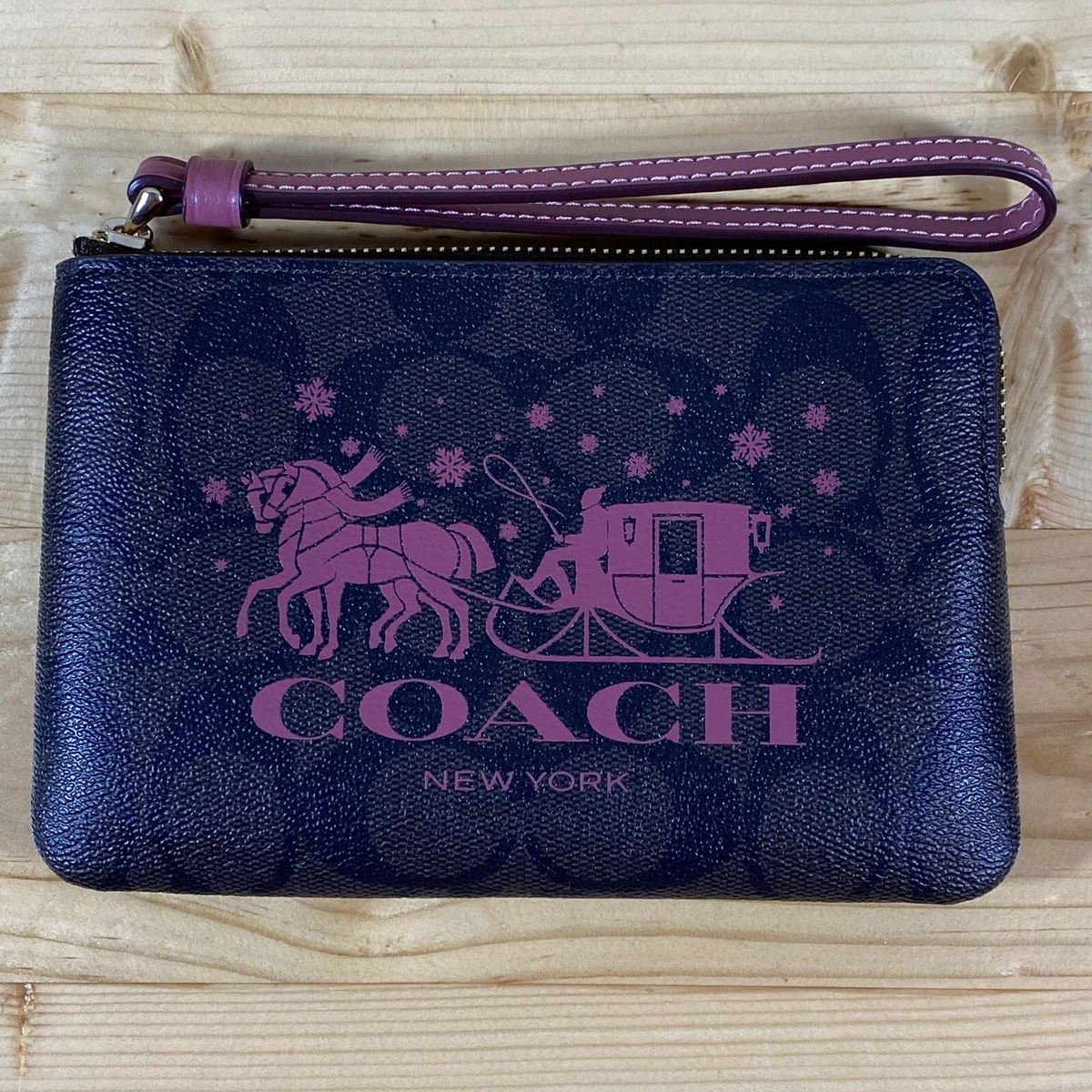 New Coach Corner Zip Wristlet Signature Brown Christmas Horse and Sleigh CN755
