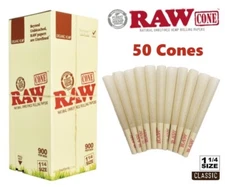 Authentic RAW Organic 1 1/4 Size Pre-Rolled Cones 50 Pack  US
