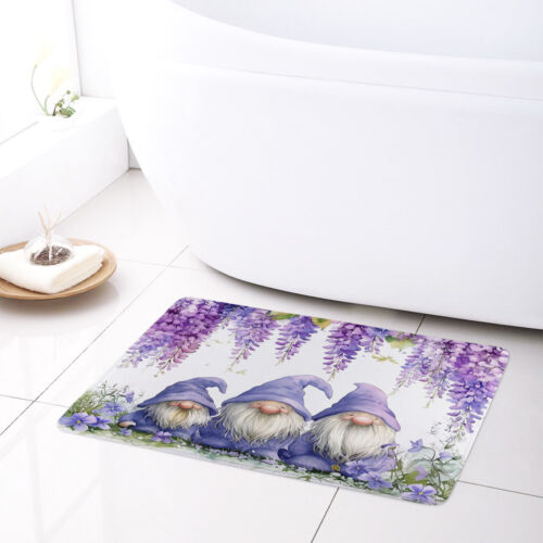 Green Leaf Purple Floral Spring Gnome Shower Curtain Bathroom Accessories Set - Picture 15 of 23