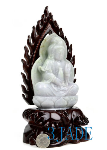 Statua scultura scultura scultura A Grade giadeite naturale giada loto Kwan Yin / Guanyin - Foto 3 di 12