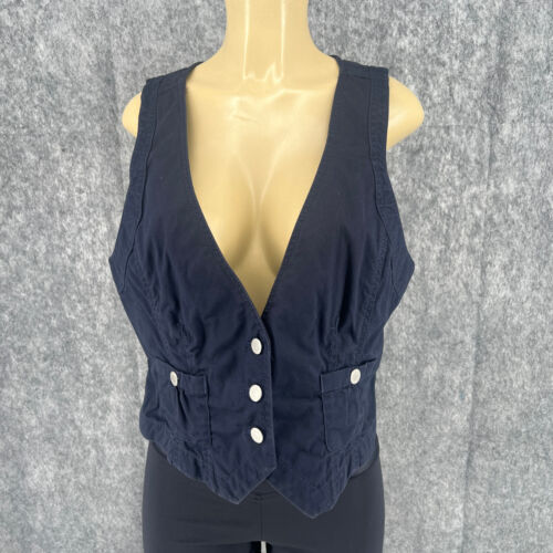 Ann Taylor Loft 100% Cotton Women Vest V Neck Front Pocket Navy Blue Waistcoat L - Picture 2 of 12