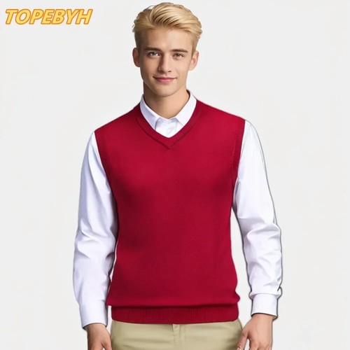 2025 New Men Sleeveless V Neck Sweater Vest Pullover Knitted Jumper Waistcoat - Picture 15 of 34