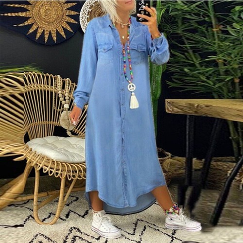 Long Sleeve Jeans Maxi Dresses Plus Size Womens Denim Shirt Dress 2025 - Picture 4 of 11