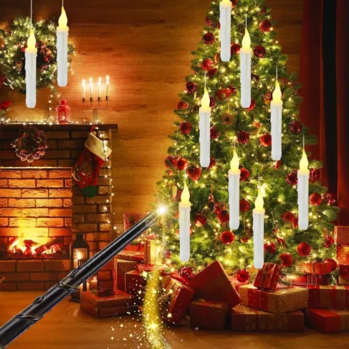 12Pcs Hanging Flameless LED Floating Taper Candles Light with Magic Wand Remote