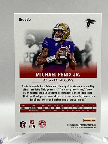 2024 Panini Prestige Football RC #335 Michael Penix Jr. - Atlanta Falcons - Picture 3 of 3