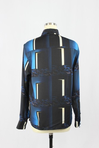 Blusa Camisa KENZO Negra Azul Estampado Gráfico Mate Satén Frontal Cremallera, Talla 42/L - Imagen 3 de 13
