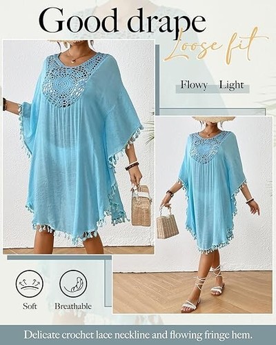 Women's Swimsuit Coverup Crochet Tassel Cover Ups Dress Summer Swimwear Beach - Picture 3 of 6