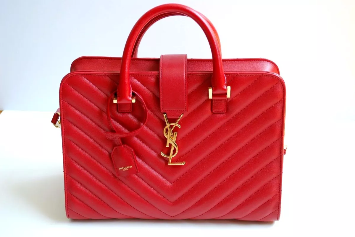 AUTHENTIC - YVES SAINT LAURENT Red Matelasse Quilted Cabas Monogram YSL  Leather