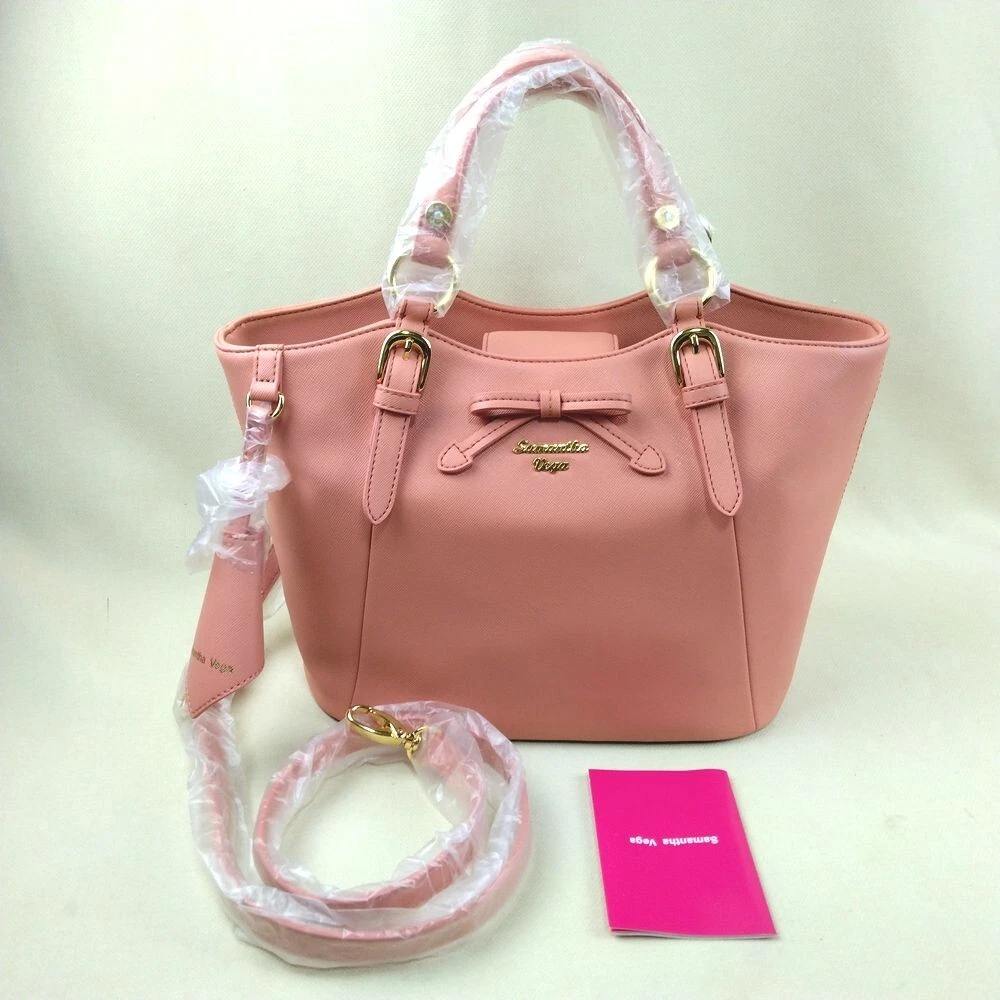 Samantha Vega Ribbon Handbag Tote Shoulder Bag Lashel Solid Salmon Pink  Medium