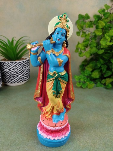 India God Sri Krishna Holy Ganges Clay Handmade Hand-painted Statue 7.25" - Picture 9 of 9