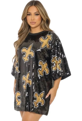 saints sequin jersey dress Women's Gameday Couture White/Black New Orleans Saints Bling It Full Sequin  Jersey Dress