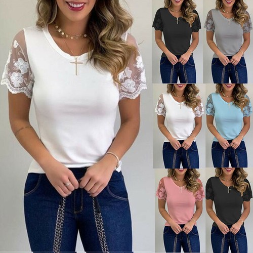 Übergröße Damen V-Ausschnitt Spitze Tops T-Shirt Damen lässig einfarbig Basic Tee Bluse