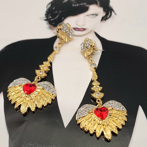 Vintage Estate Signed Monet Crystal Heart & Wing Elegant Gold Earrings - Picture 3 of 18