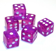 New Set of 6 Translucent 16mm Dice   5/8" Standard Game Dice - Purple