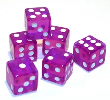 New Set of 6 Translucent 16mm Dice – 5/8" Standard Game Dice - Purple