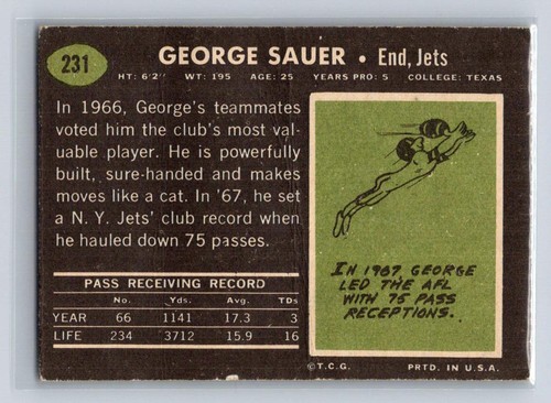 1969 Topps George Sauer Jr. #231 New York Jets - Foto 2 di 2