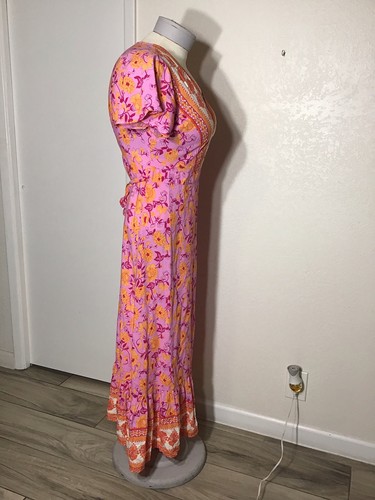 ZESICA DAMEN KLEID GEBLÜMT ROSA, ORANGE WICKEL MAXI BOHEMIAN Gr. L 100% VISKOSE. - Bild 10 von 13