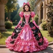 Rococo Princess Costume Dress Pink Black Satin Puff Sleeve Bow Ball Gown