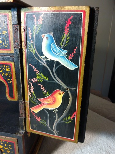 Vtg Fine Hd/Ptd Jewelry Wedding Wood Cabinet 14 Ptd Birds A/O 4 Drawers 15" T - Picture 6 of 18