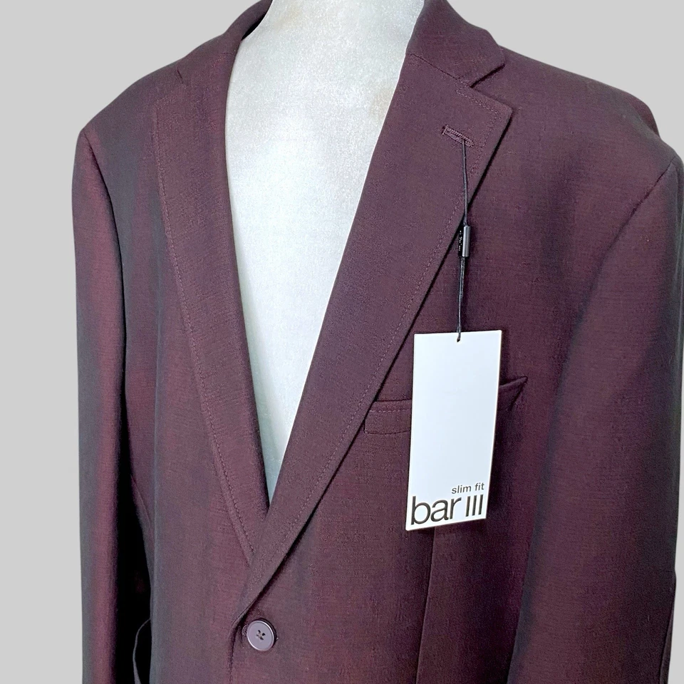 Abrigo deportivo ajustado Bar III para hombre Blazer de vacaciones rojo borgoña 44R nuevo con etiquetas $295 Foto 2 de 4