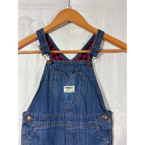 Oshkosh Jean Overalls 5T Heart Pocket Blue Denim Plaid Flannel Cuff - Picture 4 of 9