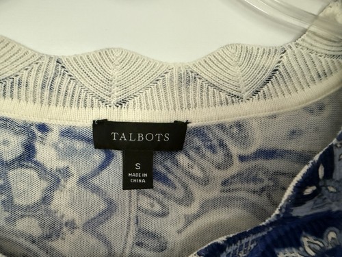 Talbots Small Blue White Paisley 3/4 Sleeve Pullover Sweater Scalloped Neck S - Picture 3 of 7