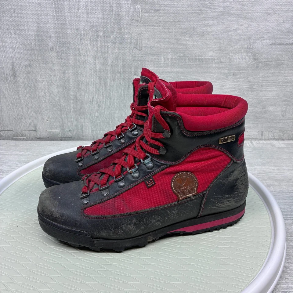 Botas de caminhada masculinas vintage de couro AKU 8,5 preto vermelho montanhismo feitas na Itália - Imagem 2 de 4