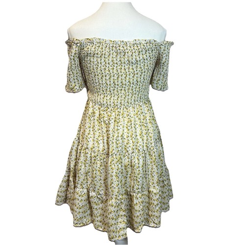 Francesca’s Mi Ami Floral Mini Dress Yellow Smocked Off The Shoulder Size Medium - Picture 7 of 14
