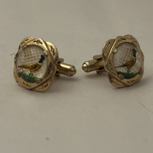 Vintage Reverse Intaglio Pheasant Cufflinks – Hand-Painted Crystal Bird Design - Picture 2 of 4