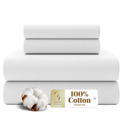 Supreme Elegance 4 Pc 100 Cotton King Size Sheets Set Arctic White Percale