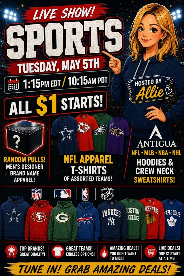 $1 Starts - Licensed Sports Apparel Show - MLB/NBA/NFL/NHL - Round 2!