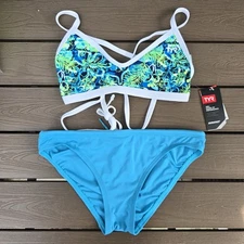 TYR Womens Durafast MalibuTieback Top W/ Teal Workout Bikini Sz S NEW Sample